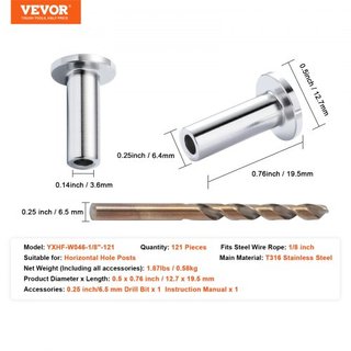 121 Paquete de Manguitos Protectores de Acero Inoxidable T316 para Cable de Alambre de 3.2mm, Barandilla DIY, Grado Marino T316, Viene con una Broca Gratis, Plata