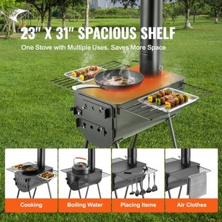 Estufa de Madera, 3 m, Estufa de Camping de Acero Aleado, Estufa Portátil de Leña con Tubos de Chimenea y Guantes, Estufa Caliente para Tienda con Cámara de 49161 cm³ para Cocinar y Calentar al Ai...