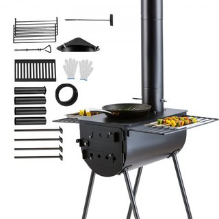 Estufa de Madera, 3 m, Estufa de Camping de Acero Aleado, Estufa Portátil de Leña con Tubos de Chimenea y Guantes, Estufa Caliente para Tienda con Cámara de 49161 cm³ para Cocinar y Calentar al Ai...