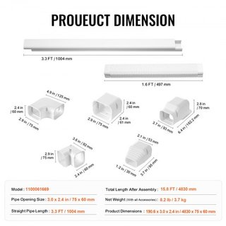 Cubierta de Línea de Mini Split 76.2mm W 4830mm L, Cubierta de Tubería Decorativa de PVC para Aire Acondicionado con 4 Conductos Rectos y Todos los Componentes, Fácil de Instalar, Pintable para Bo...