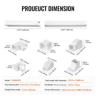 Cubierta de Línea de Mini Split 76.2mm W 5400mm L, Cubierta de Tubería Decorativa de PVC para Aire Acondicionado con 10 Conductos Rectos y Todos los Componentes, Fácil de Instalar, Pintable para B...