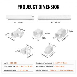 Cubierta de Línea de Mini Split 76.2mm W 3110mm L, Cubierta de Tubería Decorativa de PVC para Aire Acondicionado con 5 Conductos Rectos y Todos los Componentes, Fácil de Instalar, Pintable para Bo...