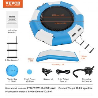Bouncer de Agua Inflable, Trampolín Recreativo de Agua de 10 pies, Plataforma de Salto Portátil con Tobogán, Escalera de 3 Pasos y Bomba de Aire Eléctrica, Rebotador Flotante para Niños y Adultos ...