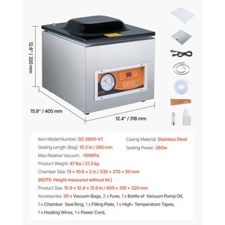 Sellador al vacío de cámara, 260W de potencia de sellado, máquina de envasado al vacío para alimentos húmedos, carnes, marinadas y más, tamaño compacto con longitud de sellado de 260 mm, aplicable...