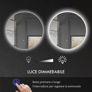 Espejo de Baño con Luz LED Redondo 60Cm, 3 Colores, 3000-6500K, Espejo de Pared Retroiluminado con Interruptores Táctiles, Brillo Regulable, Función de Memoria y Antiempañamiento, IP44