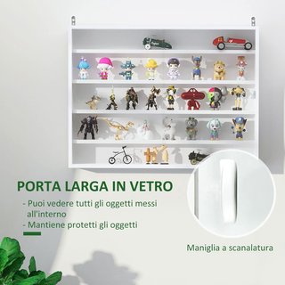 Vitrina Expositiva de Pared con 4 Estantes Ajustables, Vitrina para Coleccionismo, Exhibidor de Pared para Objetos de Colección, en Vidrio y Aglomerado, 80X9.5X60 Cm, Blanco
