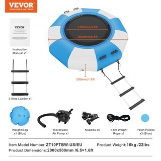 Bouncer de Agua Inflable, Trampolín Recreativo de Agua de 6.5 pies, Plataforma de Salto Portátil para Nadar con Escalera de 3 Pasos y Bomba de Aire Eléctrica, Rebotador Flotante para Niños y Adult...