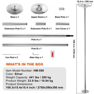 Polo de Baile Profesional, Kit de Polo de Baile Estático y Giratorio, Polo Removible y Portátil, Polo de Acero Inoxidable de 45 mm de Alta Resistencia, Polo de Fitness Ajustable en Altura, para Ej...