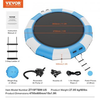 Bouncer de Agua Inflable, Trampolín Recreativo de Agua de 15 pies, Plataforma de Salto Portátil con Escalera de 3 Pasos y Bomba de Aire Eléctrica, Rebotador Flotante para Niños y Adultos para Pisc...