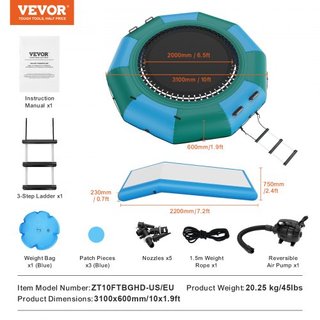Bouncer de Agua Inflable, Trampolín Recreativo de Agua de 10 pies, Plataforma de Salto Portátil para Nadar con Tobogán, Escalera de 3 Pasos y Bomba de Aire Eléctrica, Rebotador Flotante para Niños...
