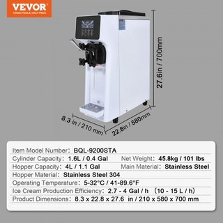 Máquina de Helados Comercial, Rendimiento de 10L/H, Fabricante de Helados Suaves de Sabor Único de Encimera de 900W, con Tolva de 4L y Cilindro de 1.6L, Panel LCD, Limpieza Automática, Pre-enfriam...