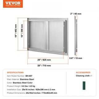 Puerta de Acceso para BBQ, Puerta Doble para Cocina Exterior de 710x482 mm, Puerta Montada a Ras de Acero Inoxidable, Puerta Vertical de Pared con Mangos Rehundidos, para Isla de BBQ, Estación de ...