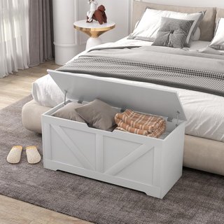 Baúl de Madera con Cierres de Seguridad, Banco Contenedor para Juguetes Capacidad 127L para Entrada y Dormitorio, 100X40X45 Cm, Blanco