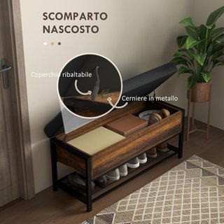 Banco Zapatero De Entrada Industrial Con Estante Oculto Y Asiento Acolchado, Mueble Para Zapatos En Aglomerado Y Acero, 100X40X50 Cm, Marrón Y Negro