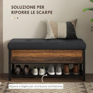 Banco Zapatero De Entrada Industrial Con Estante Oculto Y Asiento Acolchado, Mueble Para Zapatos En Aglomerado Y Acero, 100X40X50 Cm, Marrón Y Negro