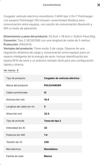 Cargador Coche Eléctrico 7.4KW Monofásico