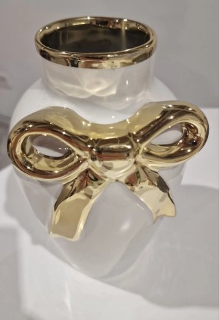 Jarrón blanco lazo dorado cerámica