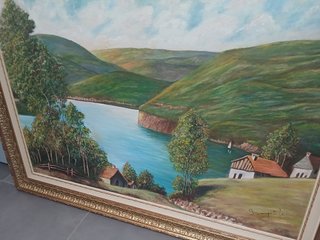 Grande Quadro Olio su Tela Paesaggio Lago