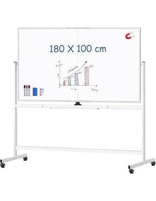 maxtek Pizarra Blanca Móvil 180 x 100 cm - Pizarra Magnética Marco de Aluminio de Doble Cara - con Marcadores - Imanes - Borrador de