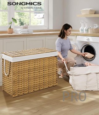 Cestino per bucato SONGMICS, 200 L, in rattan sintetico con coperchio e maniglie, pieghevole, con rivestimento rimovibile, per coperte, vestiti, soggiorno e lavanderia, colore naturale LCB320Y01