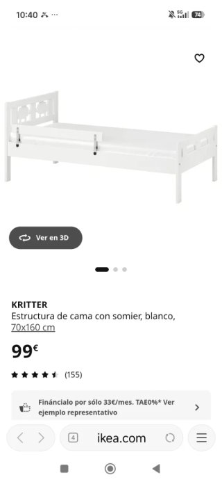 2 Camas infantiles KRITTER 70x160 cm blanca