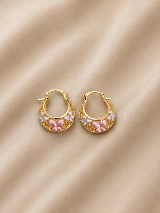 Pendientes Aro Dorados Mariposas Rosas