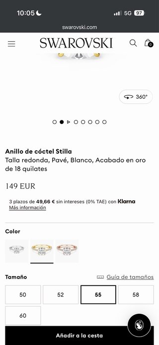 Anillo Swarovski STILLA RND M Blanco/Oro Talla 58
