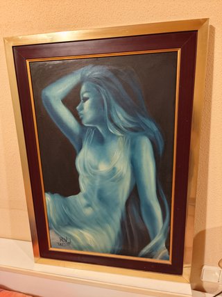 Cuadro Óleo Mujer Azul Marco Madera 96x69