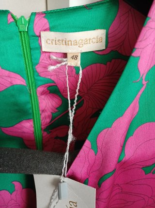 Vestido satén fiesta verde y rosa