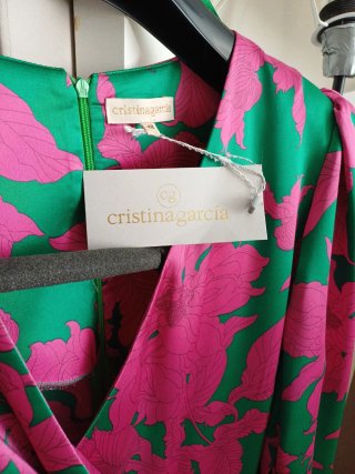 Vestido satén fiesta verde y rosa