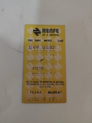 Billete Renfe Antiguo Cádiz 27 Mayo 1988