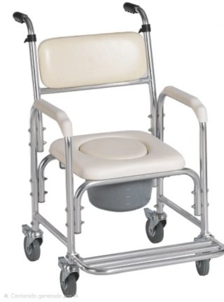 Silla de ducha con inodoro y ruedas para traslado.