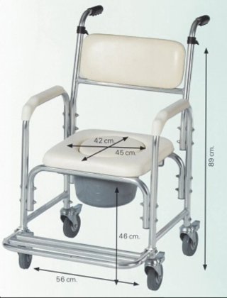Silla de ducha con inodoro y ruedas para traslado.