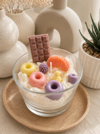 Vela artesanal con dulces y chocolate