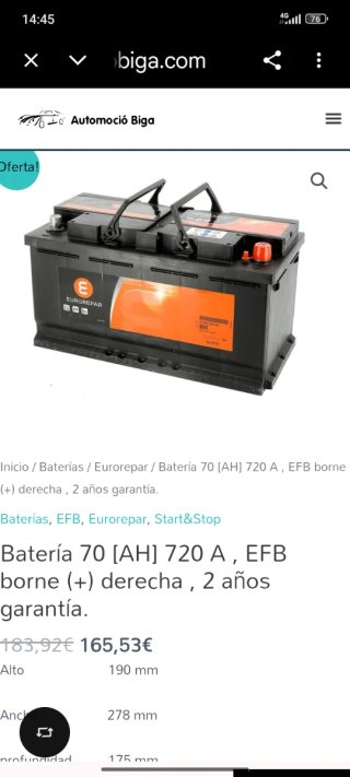Batería Coche EUROREPAR 70Ah 720A