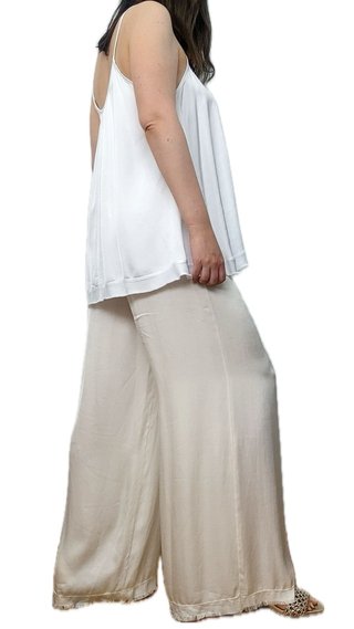 Pantalón ancho satinado mujer beige/rosa