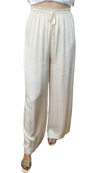 Pantalón ancho satinado mujer beige/rosa