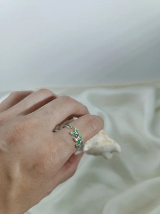 Anillo Plata Diseño Hojas Verde Ajustable