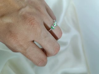 Anillo Plata Diseño Hojas Verde Ajustable