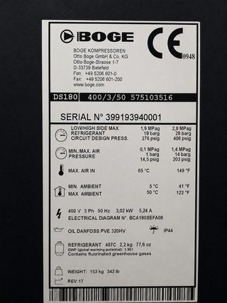 Secador frigorífico BOGE DS180 — 18.000 L/min