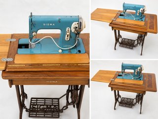 Máquina de coser Sigma azul y madera