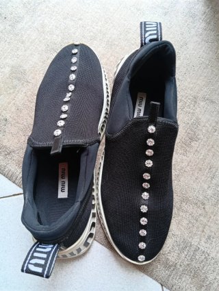 Miu Miu Sneakers Elastiche Cristalli Nero Argento