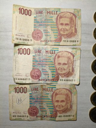 Set 3 banconote 1000 Lire 1990 + 9 monete