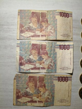 Set 3 banconote 1000 Lire 1990 + 9 monete