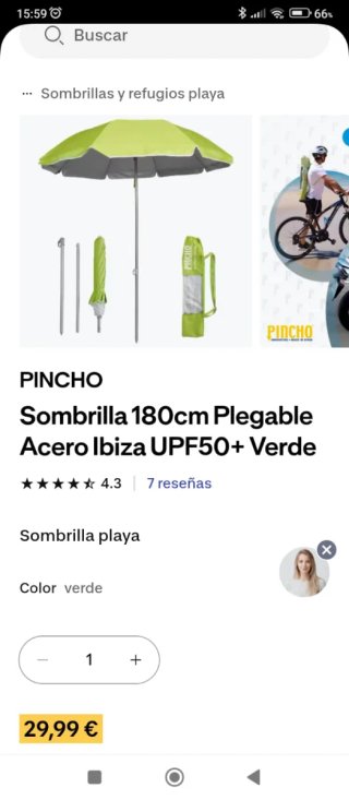 Sombrilla plegable, 1,80, filtro solar UPF 50+