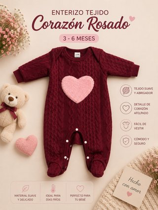 Enterizo Tejido Corazón Rosado 3-6 Meses