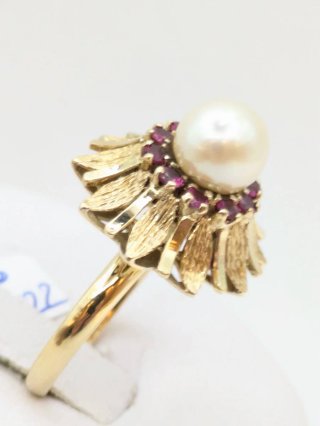 Anillo Oro 18k Perla y Rubíes