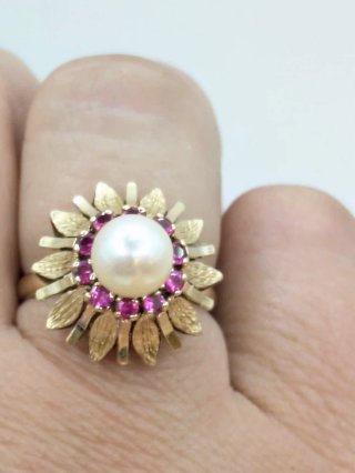 Anillo Oro 18k Perla y Rubíes