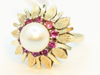 Anillo Oro 18k Perla y Rubíes