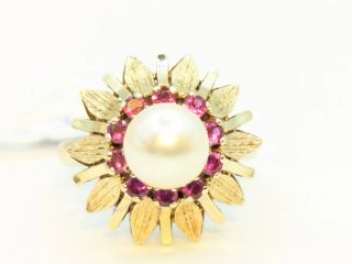 Anillo Oro 18k Perla y Rubíes